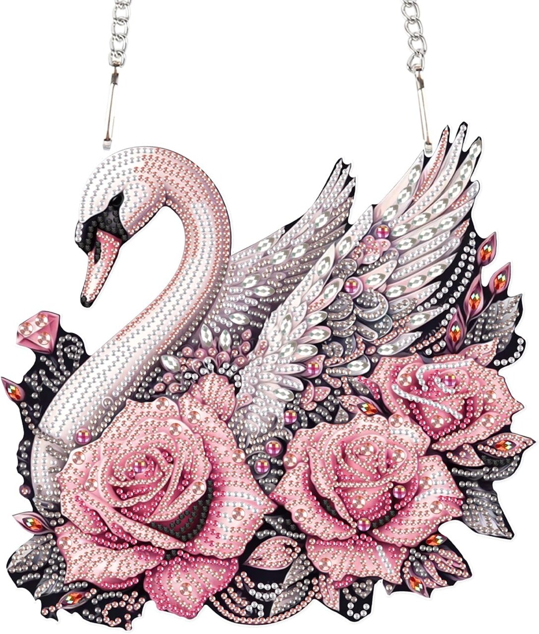 Diamond Art Painting Pendant Ornament Kit – 5D Rose Swan DIY Diamond Crystal Hanging Window & Door Decor for Adults, Wall & Christmas Decoration (24.2 x 23 cm)